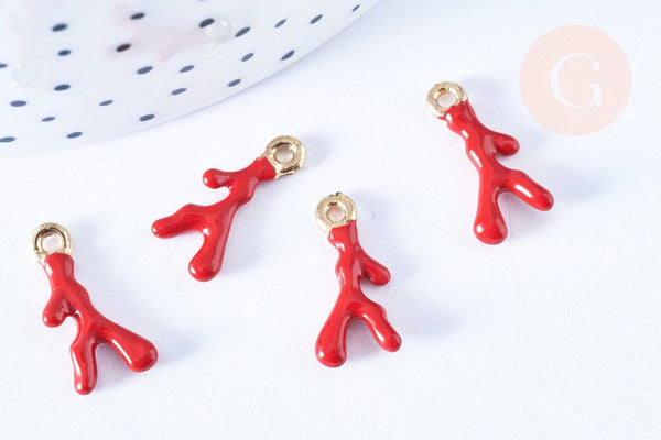 Pendentif corail émaillé rouge zamac doré 20mm x2 (G7512)