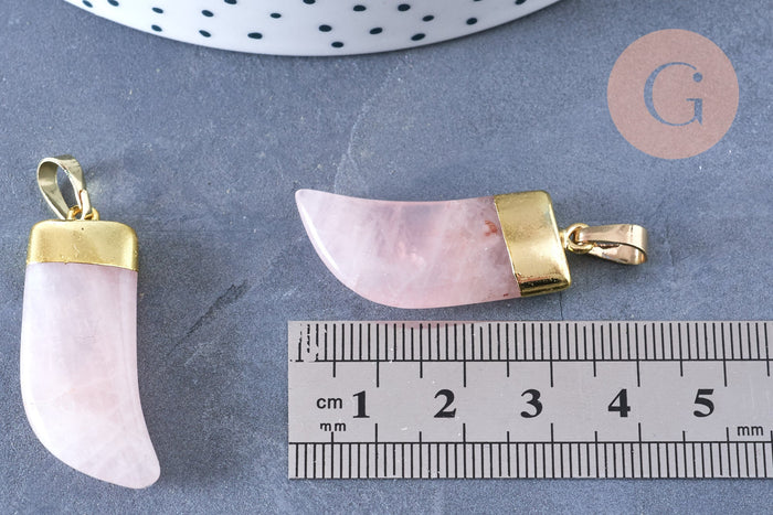 Pendentif corne quartz rose 37mm,pendentif bijoux, pendentif quartz rose naturel, pendentif pierre, x1 (G6659)