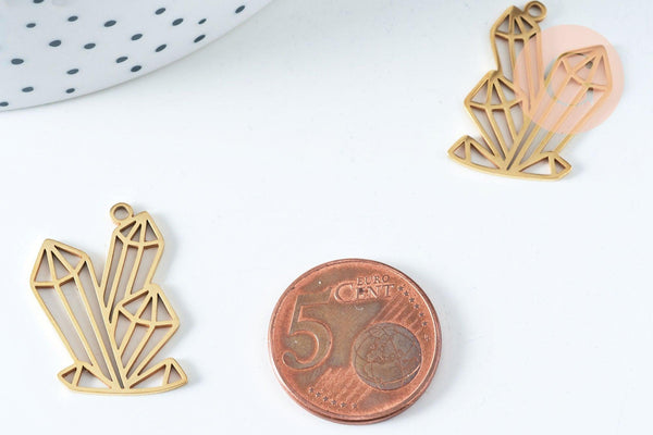 Pendentif cristal acier doré 37.5mm, breloque doré, acier inoxydable doré, pendentif sans nickel, création bijoux, x1 G6340