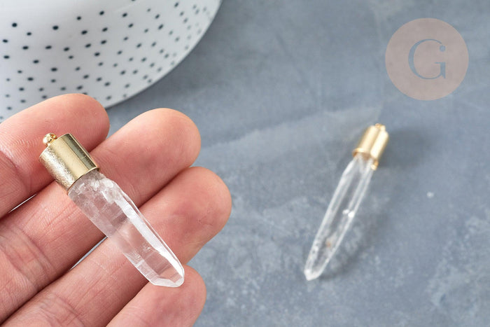 Pendentif cristal de roche naturel transparent laiton doré 16K, pierre brute, x1 (G8232)