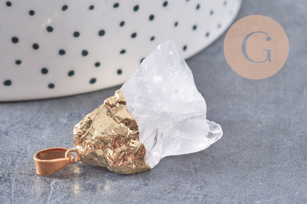 Pendentif cristal quartz blanc fer doré, pierre brute naturelle création bijoux, x1 (G0838)