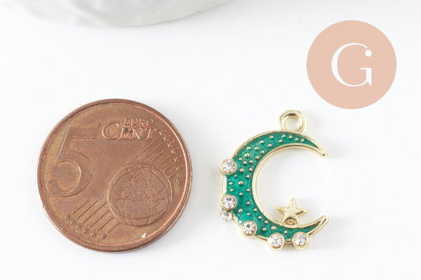 Pendentif croissant de lune étoiles cristal émaillé bleu turquoise zamac or 20mm, pendentif or émaillé, sans nickel, x1 (G5918)