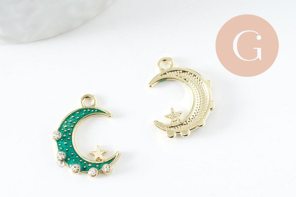 Pendentif croissant de lune étoiles cristal émaillé bleu turquoise zamac or 20mm, pendentif or émaillé, sans nickel, x1 (G5918)