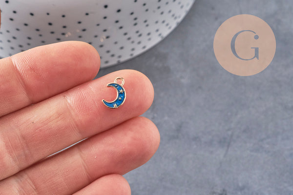 Pendentif croissant lune étoiles émail bleu zamac doré 11.5mm, x1 (G5920)