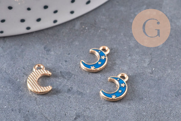 Pendentif croissant lune étoiles émail bleu zamac doré 11.5mm, x1 (G5920)