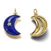 Pendentif croissant lune étoiles émail laiton bleu or 18K zircon 21mm, pendentif laiton émaillé, sans nickel, x1 (G5955)