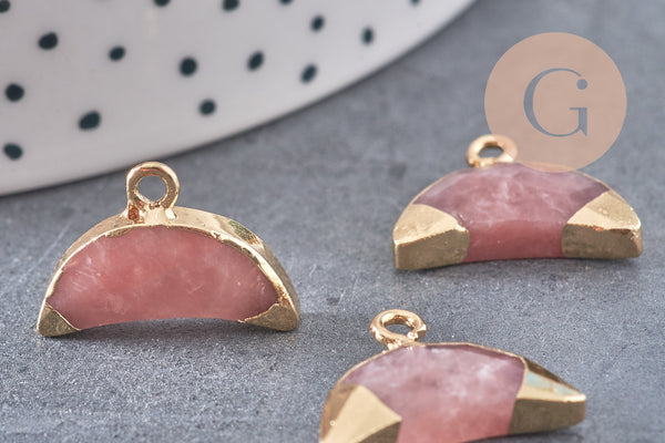 Pendentif croissant lune quartz fraise doré,lune quartz,pendentif pierre,quartz fraise naturel,18mm x1 (G0829)