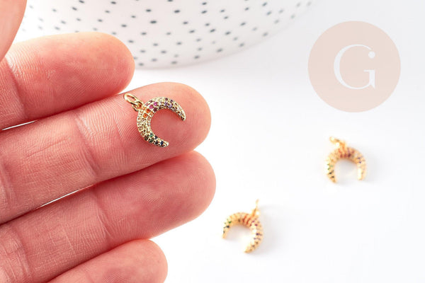 Pendentif croissant lune zircons multicolore laiton doré 12mm, x1 (G0470)