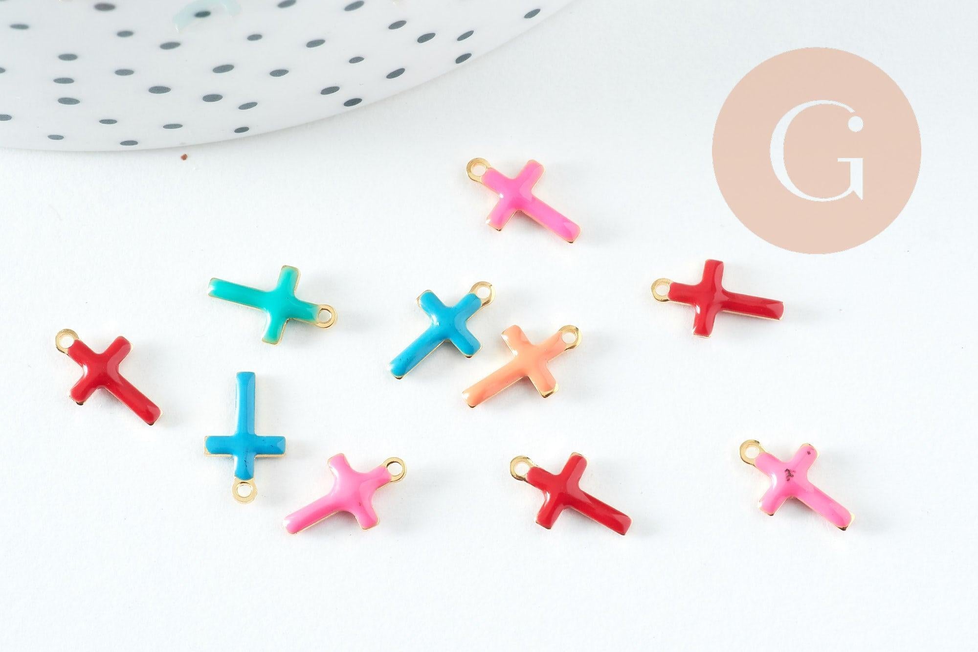 Pendentif croix acier 304 inoxydable doré émail multicolore 10mm, x10 (G10747)