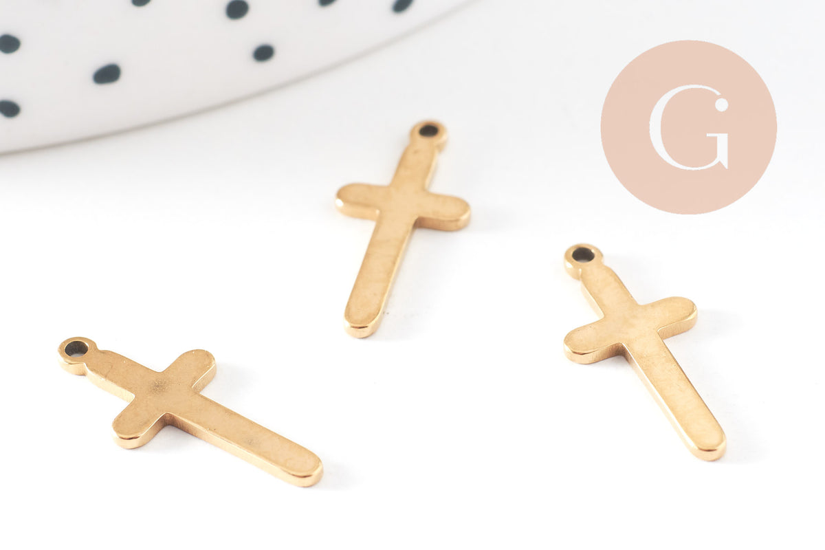 Pendentif croix acier doré inoxydable 19mm, un bijou en acier hypoallergénique sans libération de nickel, x5 (G6060)