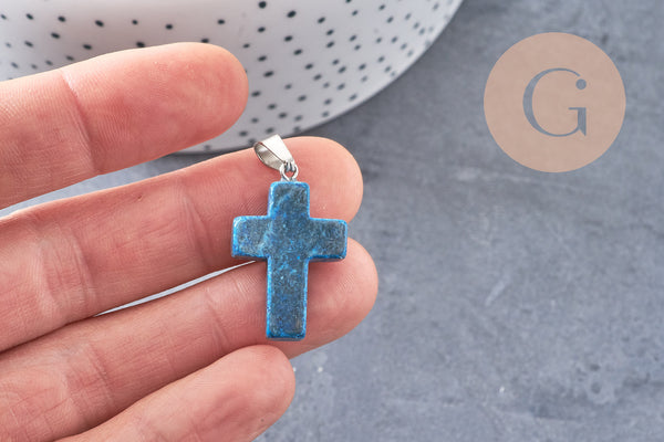 Pendentif croix agate naturelle bleu acier inoxydable 29mm,pendentif pierre, support argent, création bijoux,agate naturelle, x1 (G0500)