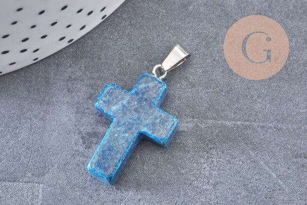 Pendentif croix agate naturelle bleu acier inoxydable 29mm,pendentif pierre, support argent, création bijoux,agate naturelle, x1 (G0500)