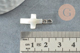 Pendentif croix nacre blanche naturelle zamac argenté 22mm, pendentif coquillage pour création bijoux, x1 (G6329)