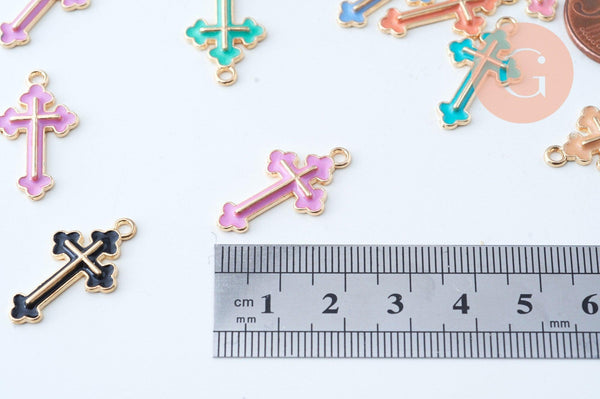Pendentif croix zamac doré émail multicolore 25mm, x5 (G6089)