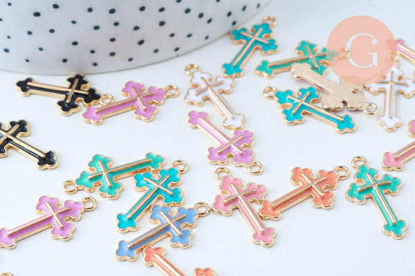 Pendentif croix zamac doré émail multicolore 25mm, x5 (G6089)