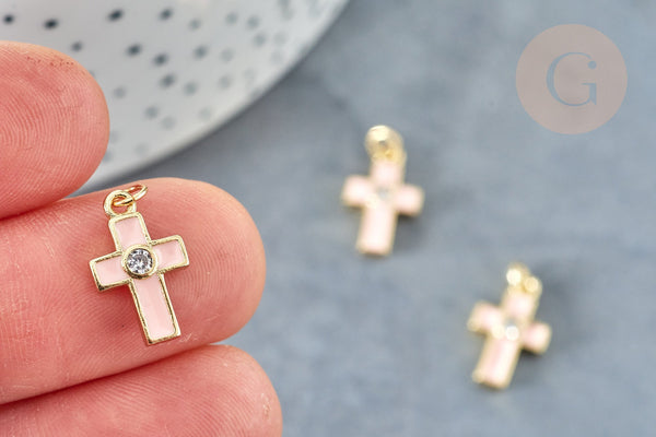 Pendentif croix zircon rond laiton doré émail rose 15mm,pendentif création bijoux religion, x1 G8331
