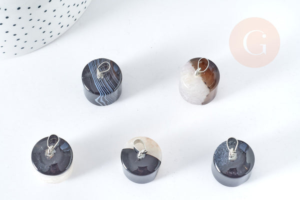 Pendentif cylindre agate rayée gris noir fer platine 20-25mm ,pierre naturelle, x1 (G8398)