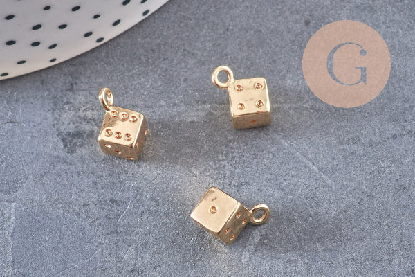 Pendentif dé 6 faces doré 18K et zircons ,pendentif doré jeu,porte-bonheur,laiton doré, Pendentif jeu, 13.5mm, x1 (G4267)