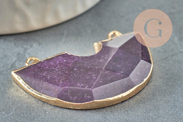 Pendentif demi-cercle améthyste fer doré 41mm,pendentif bijoux,lune améthyste,pendentif pierre améthyste naturelle, x1 G2331