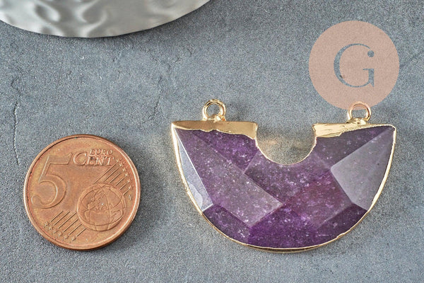 Pendentif demi-cercle améthyste fer doré 41mm,pendentif bijoux,lune améthyste,pendentif pierre améthyste naturelle, x1 G2331