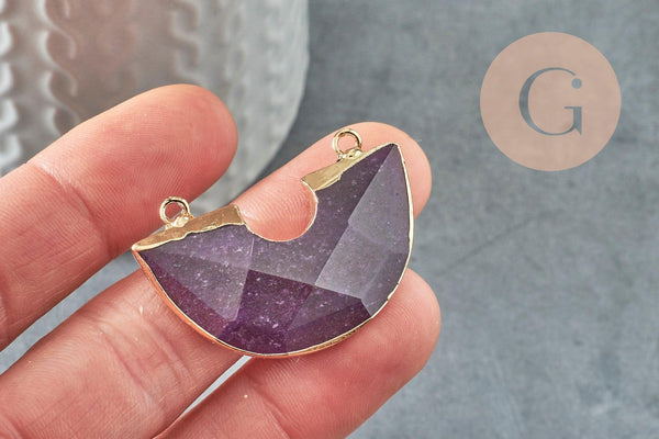 Pendentif demi-cercle améthyste fer doré 41mm,pendentif bijoux,lune améthyste,pendentif pierre améthyste naturelle, x1 G2331