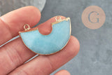 Pendentif demi-cercle jade bleu fer doré 41mm, pendentif bijou pierre naturelle, x1 G2308
