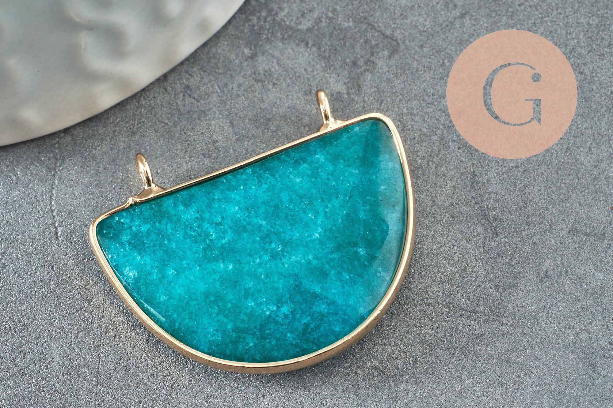 Pendentif demi-lune jade naturel teinté turquoise laiton doré 32mm, x1 (G1167)