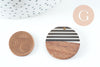 Pendentif disque en bois de noyer résine rayée noir & blanc 28.5mm,x2 (G3784)