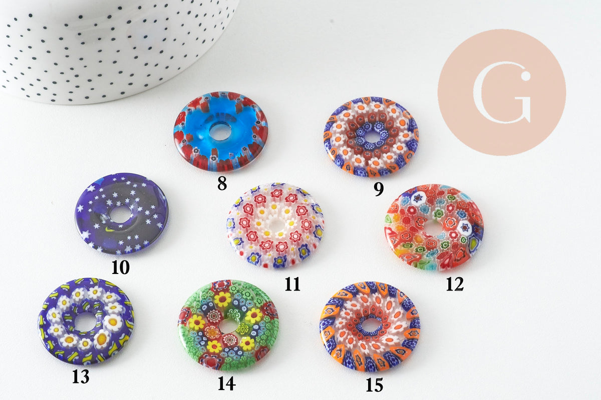 Pendentif donut millefiori murano multicolore 29-39mm x1 (G1451)-Breloques et pendentifs-Gingerlily Perles