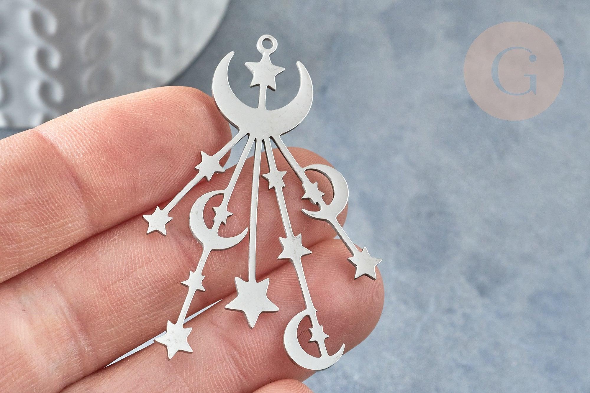 Pendentif doré lunes et étoiles argenté acier inoxydable 53mm, création bijoux acier inoxydable platine x1 G7617