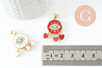 Pendentif doré oeil et coeur émail résine zircon, Pendentif pour femme en métal doré pour la création de bijoux,26.5mm, x1 (G3577)
