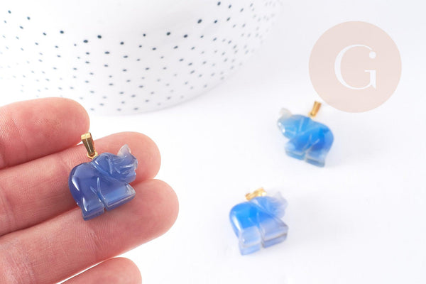 Pendentif éléphant agate bleue support doré 18.5mm, x1 (G3903)