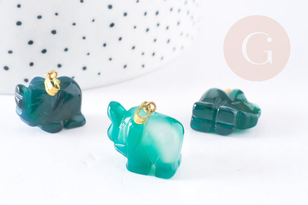 Pendentif éléphant agate verte support doré, pendentif pierre agate naturelle verte, 18.5mm, x1 (G3902)