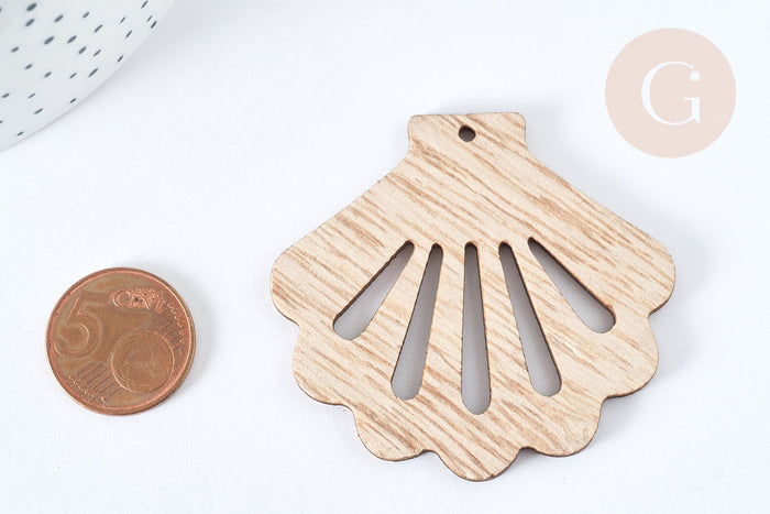 Pendentif en bois coquillage ajouré 52mm, x2 (G7275)