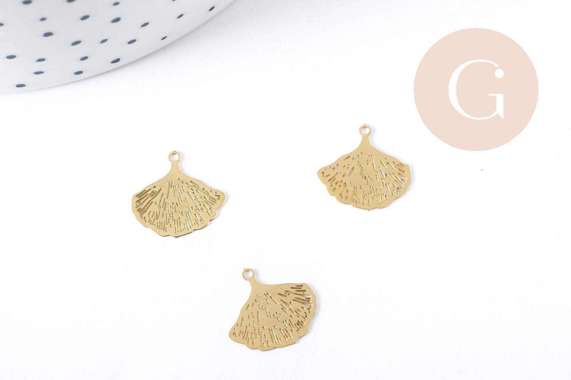 Pendentif estampe filigrane feuille Gingko acier doré 201 inoxydable 14.5mm, x2, (G8934)