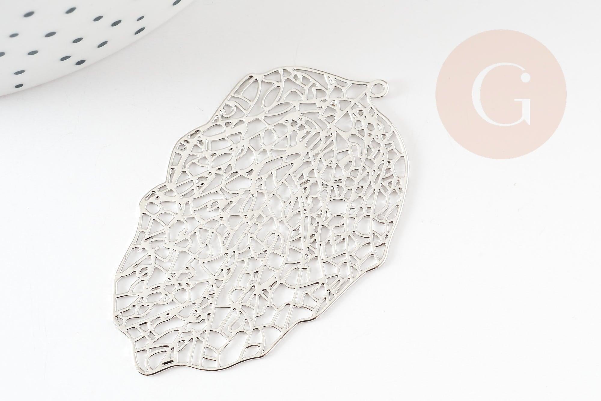 Pendentif estampe filigrane feuille dentelle géométrique laiton platine 51.5mm, Pendentif très fin et léger pour création de bijoux, x1 (G9270)