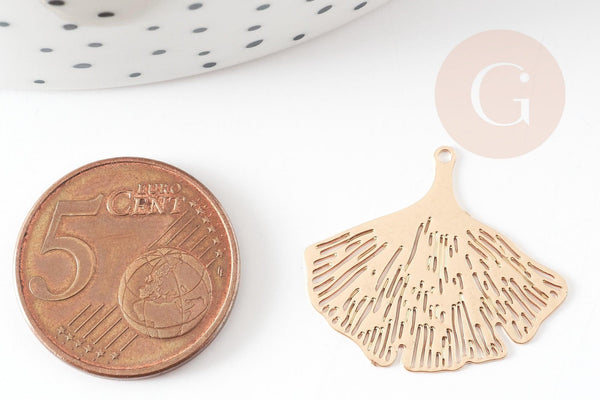 Pendentif estampe filigrane feuille gingko laiton doré, 25mm, x2 (G3694)