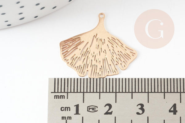 Pendentif estampe filigrane feuille gingko laiton doré, 25mm, x2 (G3694)