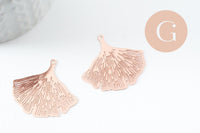 Pendentif estampe filigrane feuille gingko laiton or rose 33mm, Pendentif très fin et léger, x2 (G9826)
