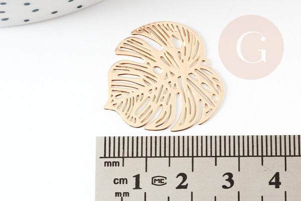 Pendentif estampe filigrane feuille monsterosa laiton doré, Pendentif très fin et léger,32 x 32 mm, x2 (G3690)