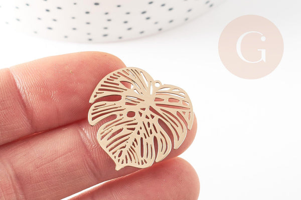 Pendentif estampe filigrane feuille monsterosa laiton doré, Pendentif très fin et léger,32 x 32 mm, x2 (G3690)