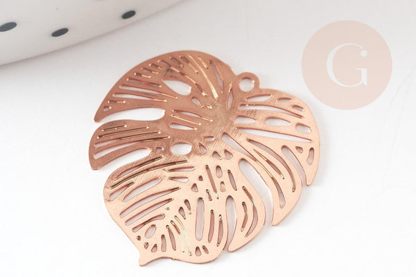 Pendentif estampe filigrane feuille monsterosa laiton or rose, Pendentif très fin et léger, 18x 18mm, x2 (G3695)