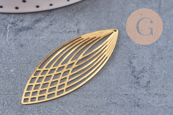 Pendentif estampe filigrane feuille ovale laiton brut 56mm, x2 (G10930)