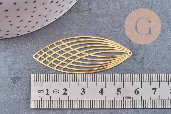 Pendentif estampe filigrane feuille ovale laiton brut 56mm, x2 (G10930)