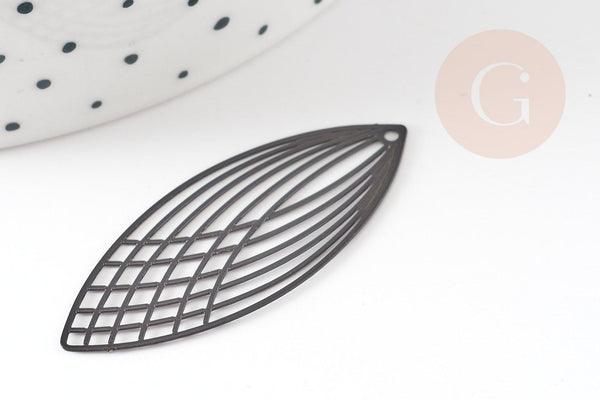 Pendentif estampe filigrane feuille ovale laiton noir 40x16mm, x2 (G3702)