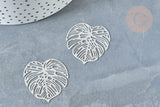 Pendentif estampe filigrane feuille tropicale acier 201 inoxydable platine 32mm, x2 (G8015)