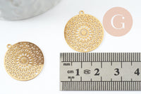 Pendentif estampe filigrane fleur Mandala acier inoxydable 201 doré 18K 20.5mm, x1 (G9422)