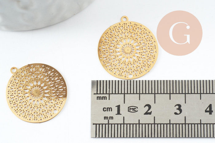 Pendentif estampe filigrane fleur Mandala acier inoxydable 201 doré 18K 20.5mm, x1 (G9422)