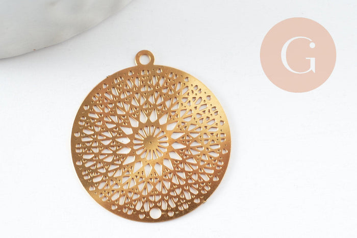 Pendentif estampe filigrane fleur Mandala acier inoxydable 201 doré 18K 20.5mm, x1 (G9422)