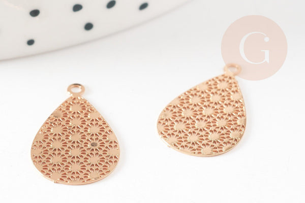 Pendentif estampe filigrane goutte motif géométrique laiton doré 19.5mm, Pendentif très fin et léger pour création de bijoux, x2 (G9279)